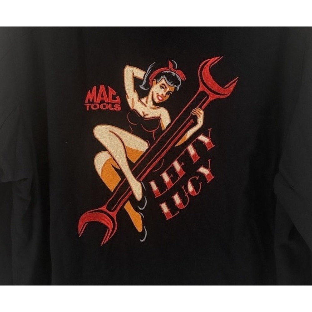Rare Mac Tools Lefty Lucy Pin Up Embroidered Hooded Button Up Pockets Men L